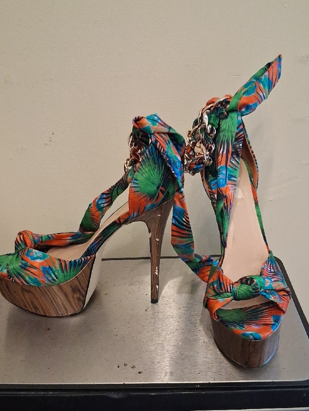 Women’s Orange & Green Tropical Print High Heel Platform Sandals - Picture 3 of 4
